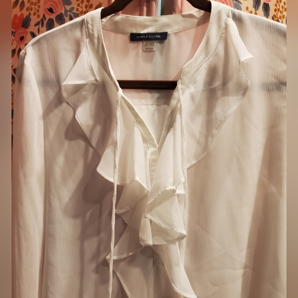 White Ruffled Sheer Lined Med Blouse - Picture 2 of 8